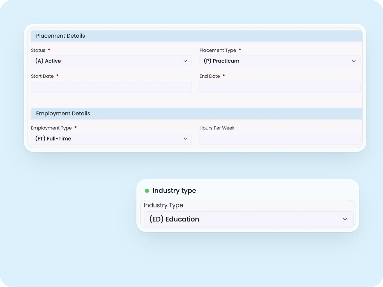 SELMA placement form with status, placement type, employment type and industry type selections