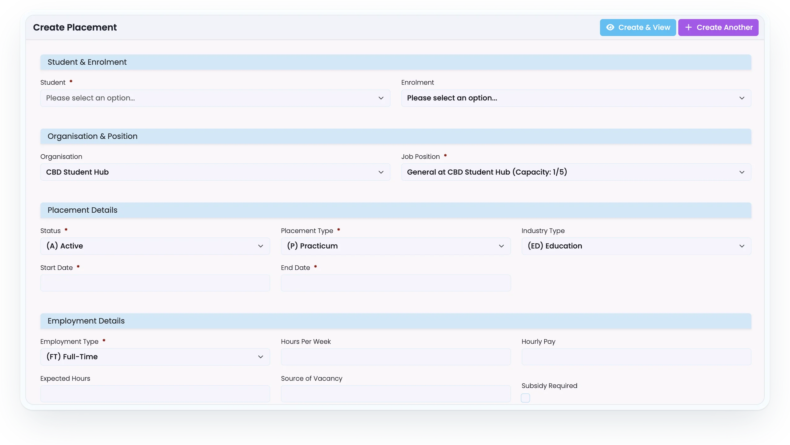SELMA Create Placement form with student, organisation, job position capacity, status, placement type and employment fields