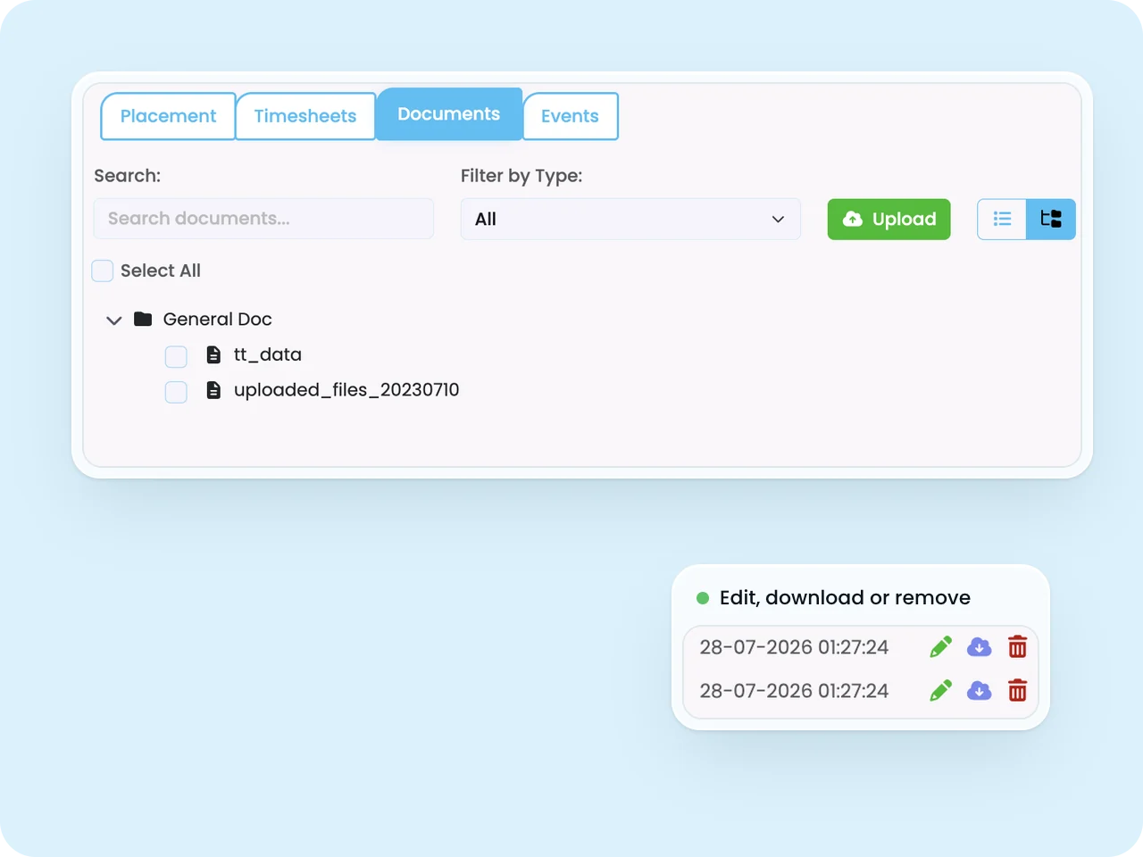 SELMA placement Documents tab with search, type filter, upload button and a list of attached files