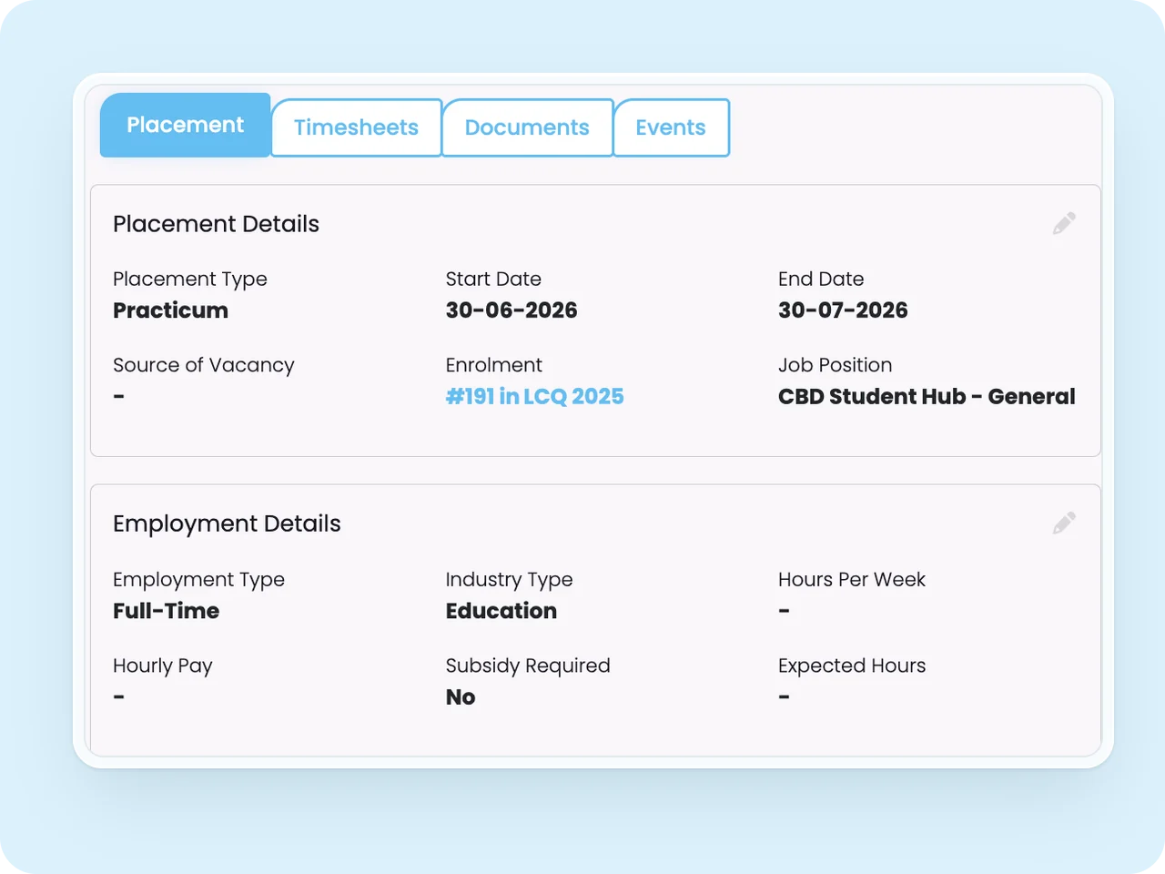 SELMA placement record with a Timesheets tab and employment details including hours per week and expected hours