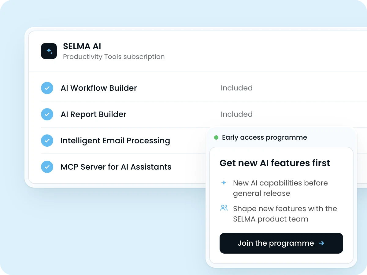 SELMA AI features included in the Productivity Tools subscription, with an early access programme card to join and get new AI features first