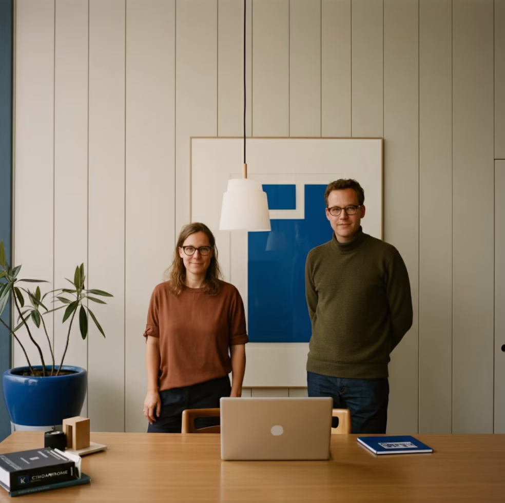 Two people standing behind a wooden desk with a laptop, a book, and a potted plant, with a blue and white abstract artwork on the wall.