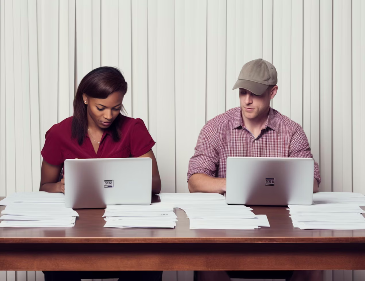 Two people sitting at a desk with laptops and stacks of papers, focused on their work.