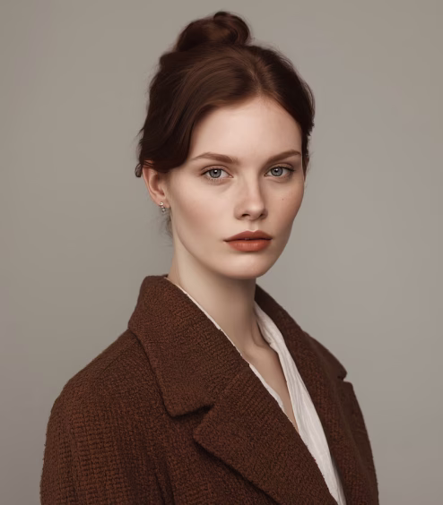 Portrait of a young woman with fair skin, brown hair in a bun, wearing a brown coat and white top against a neutral background.