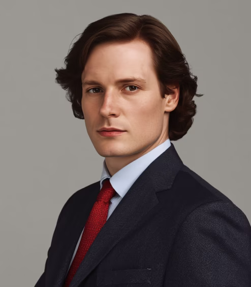 Young man with medium-length brown hair wearing a dark suit, light blue shirt, and red tie, posing against a plain gray background.