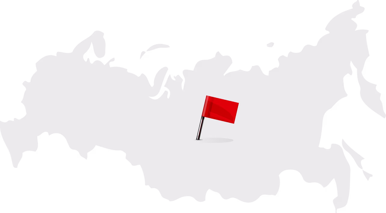 Gray map outline of Russia with a red flag pin marking a location in the central region.