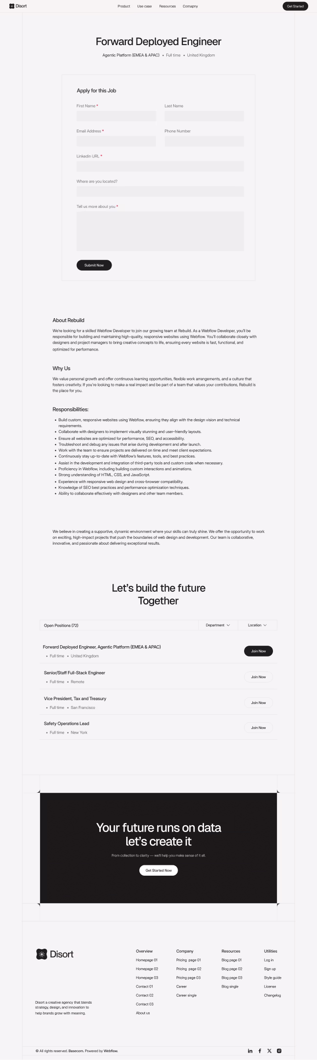 Job listing page for Forward Deployed Engineer at Disort with an application form, job descriptions, open positions, and company footer.