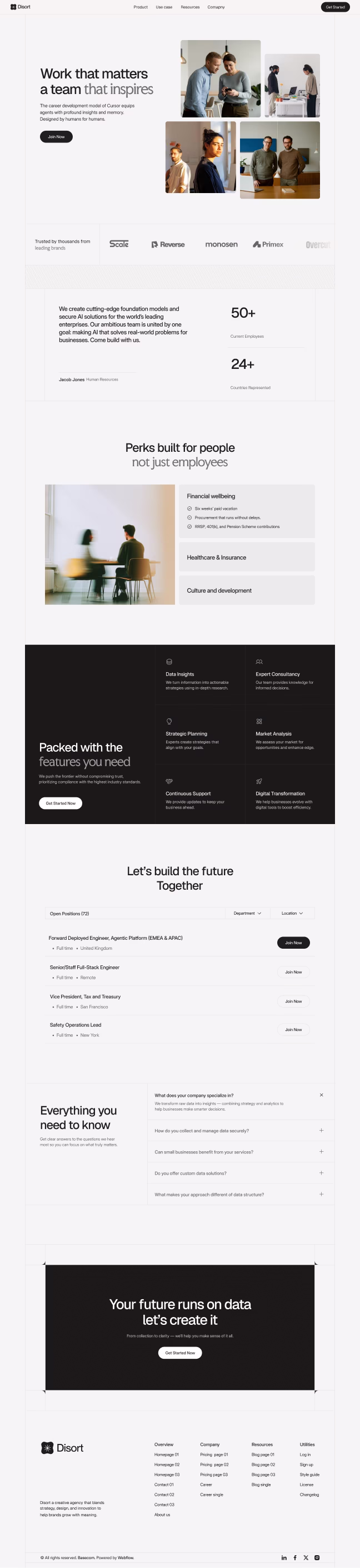 Career webpage featuring diverse professionals collaborating and sections highlighting company values, perks, job openings, FAQs, and a call to action to create a data-driven future.