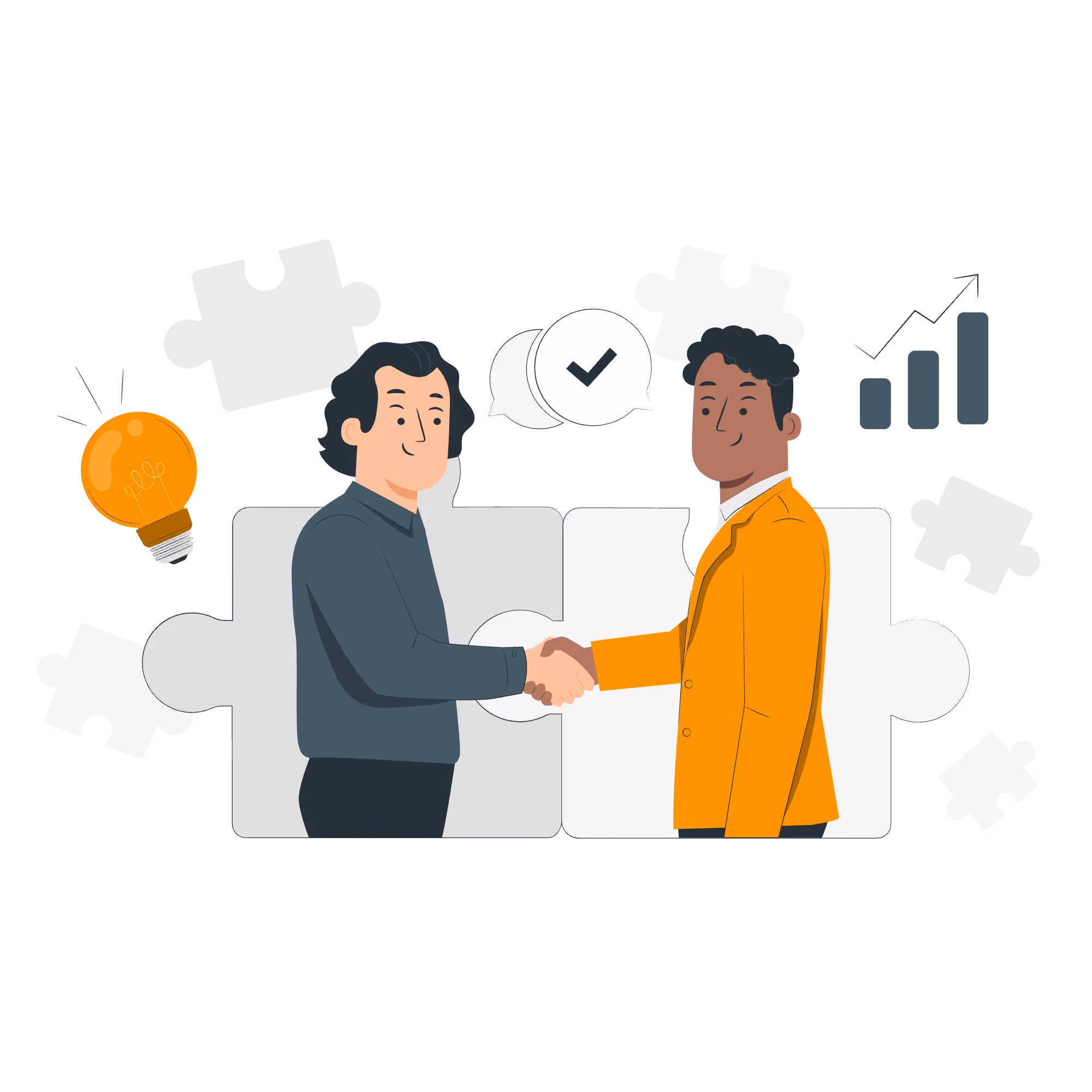 Two men shaking hands in front of two interlocking puzzle pieces surrounded by icons of a lightbulb, checklist, and rising bar graph.
