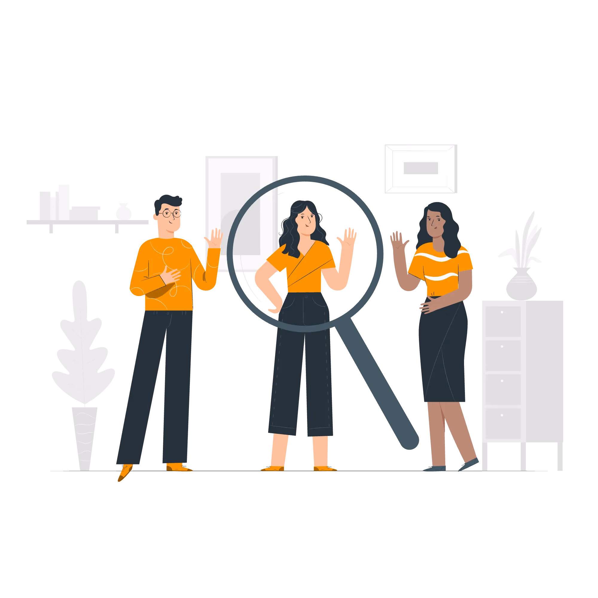 Illustration of three people waving with a large magnifying glass focusing on the person in the middle inside a room with plants and framed pictures.