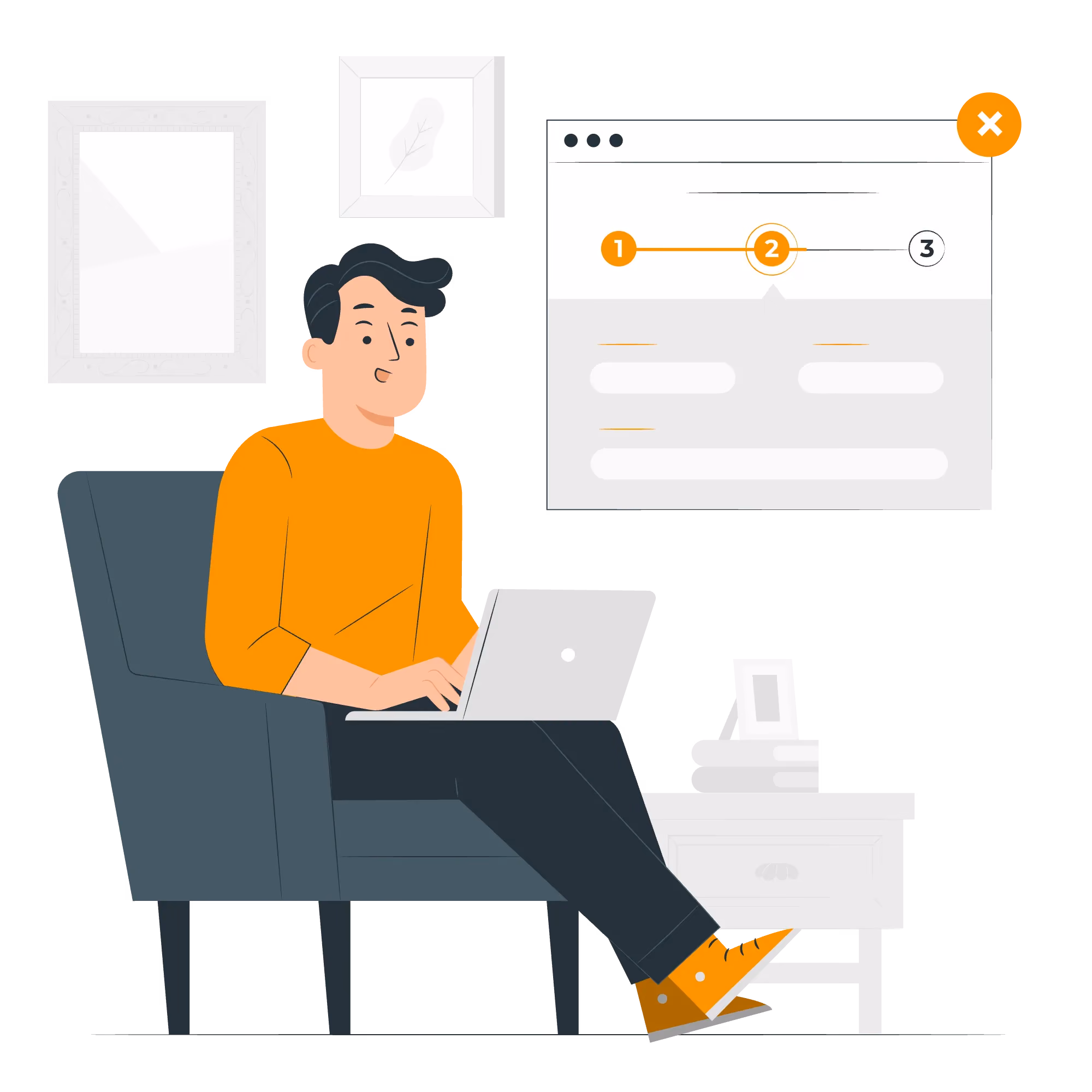 Person sitting on a chair using a laptop with a three-step progress interface displayed nearby, currently on step two.
