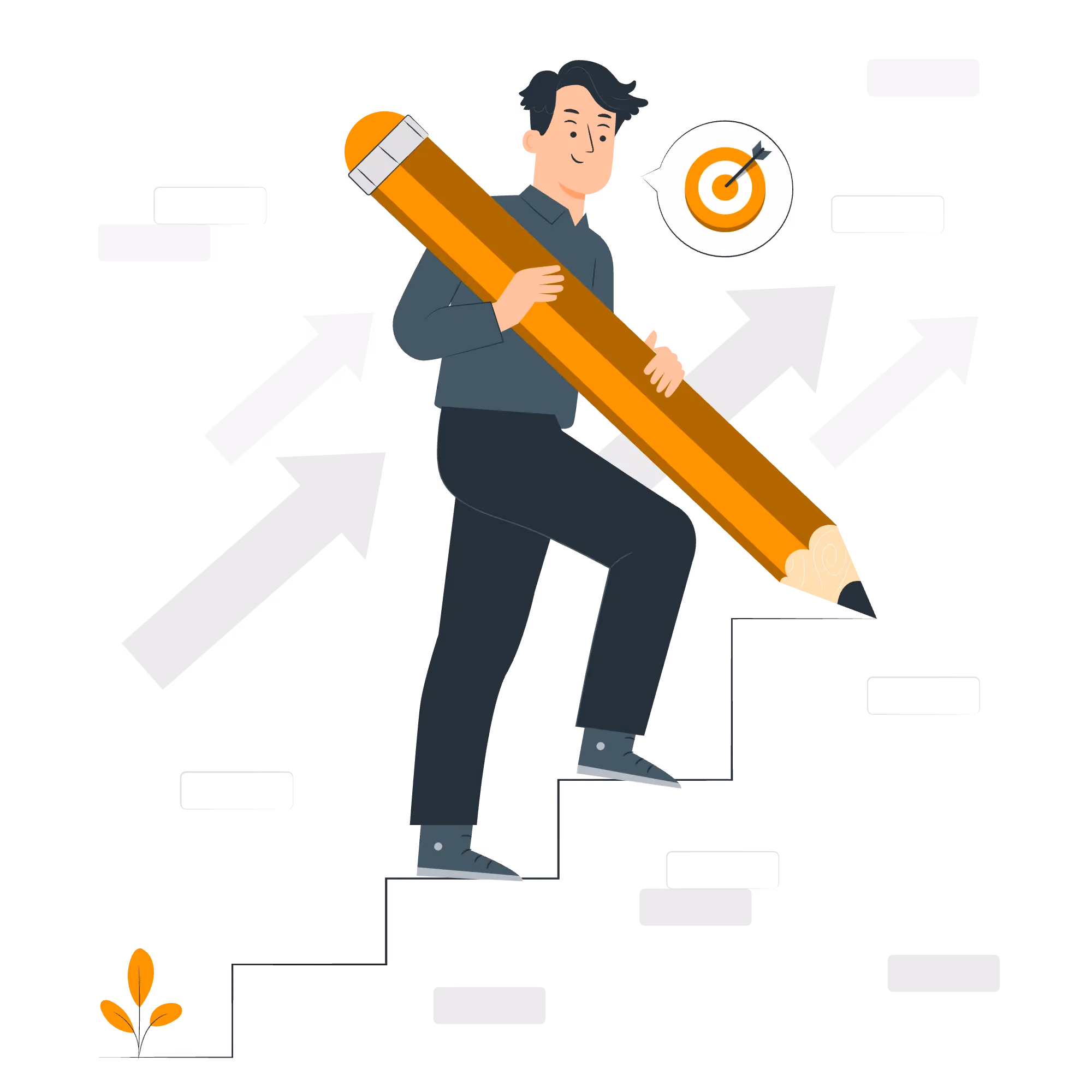 Illustration of a person climbing stairs while holding a large pencil, surrounded by upward arrows and a target symbol.