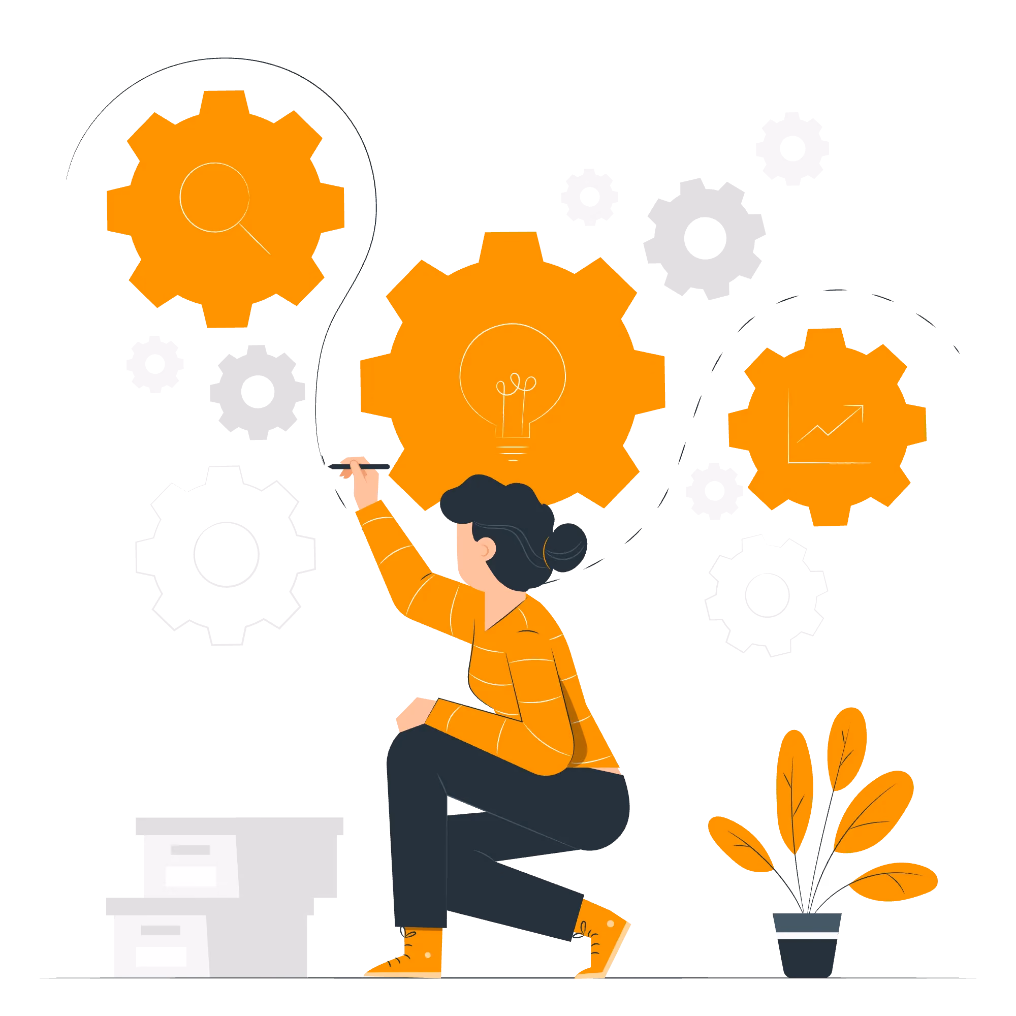 Person in orange outfit kneeling and drawing connections between large orange and white gears representing ideas and growth, with a potted plant on the side.