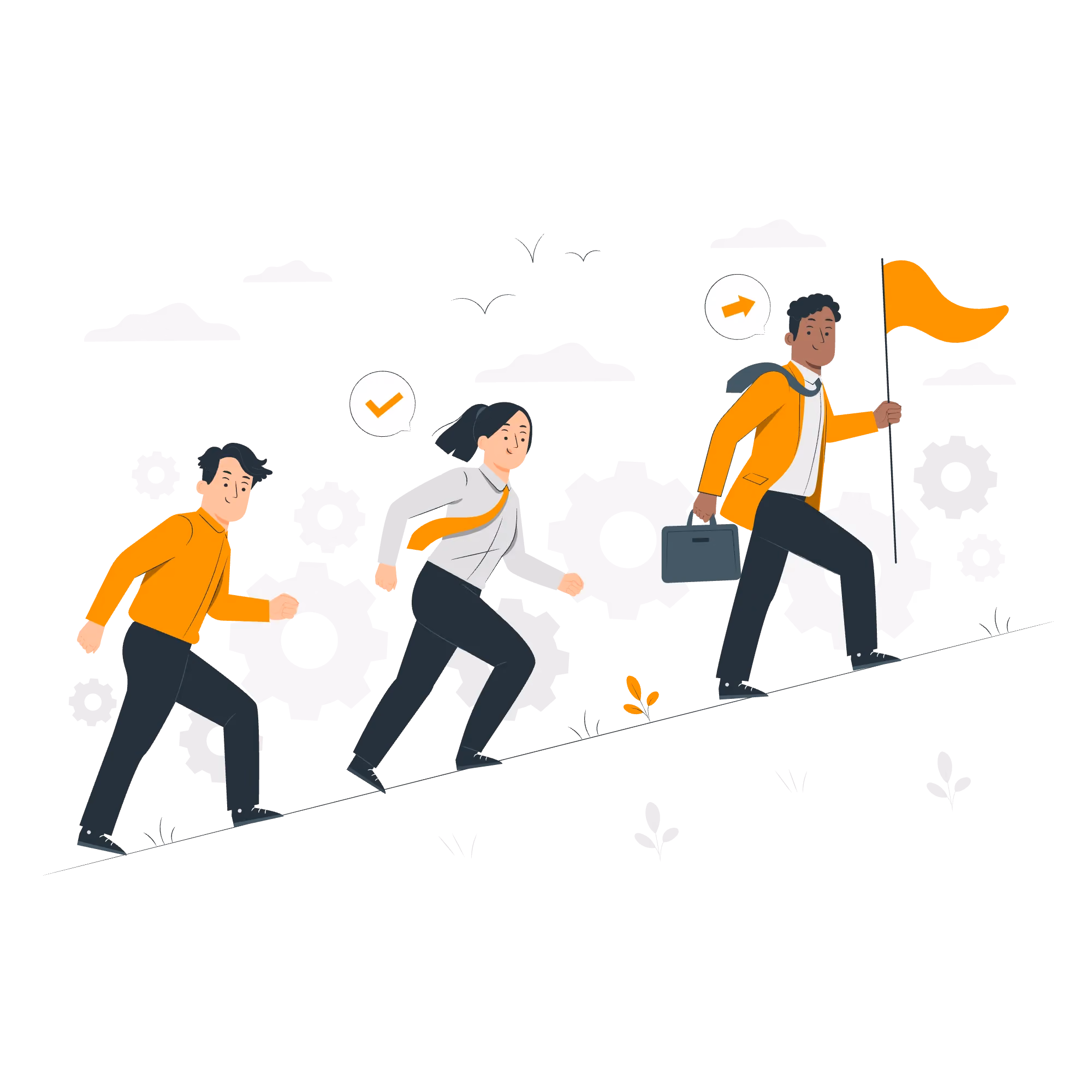 Three people climbing a slope with gears in the background, led by a man holding an orange flag and a briefcase.
