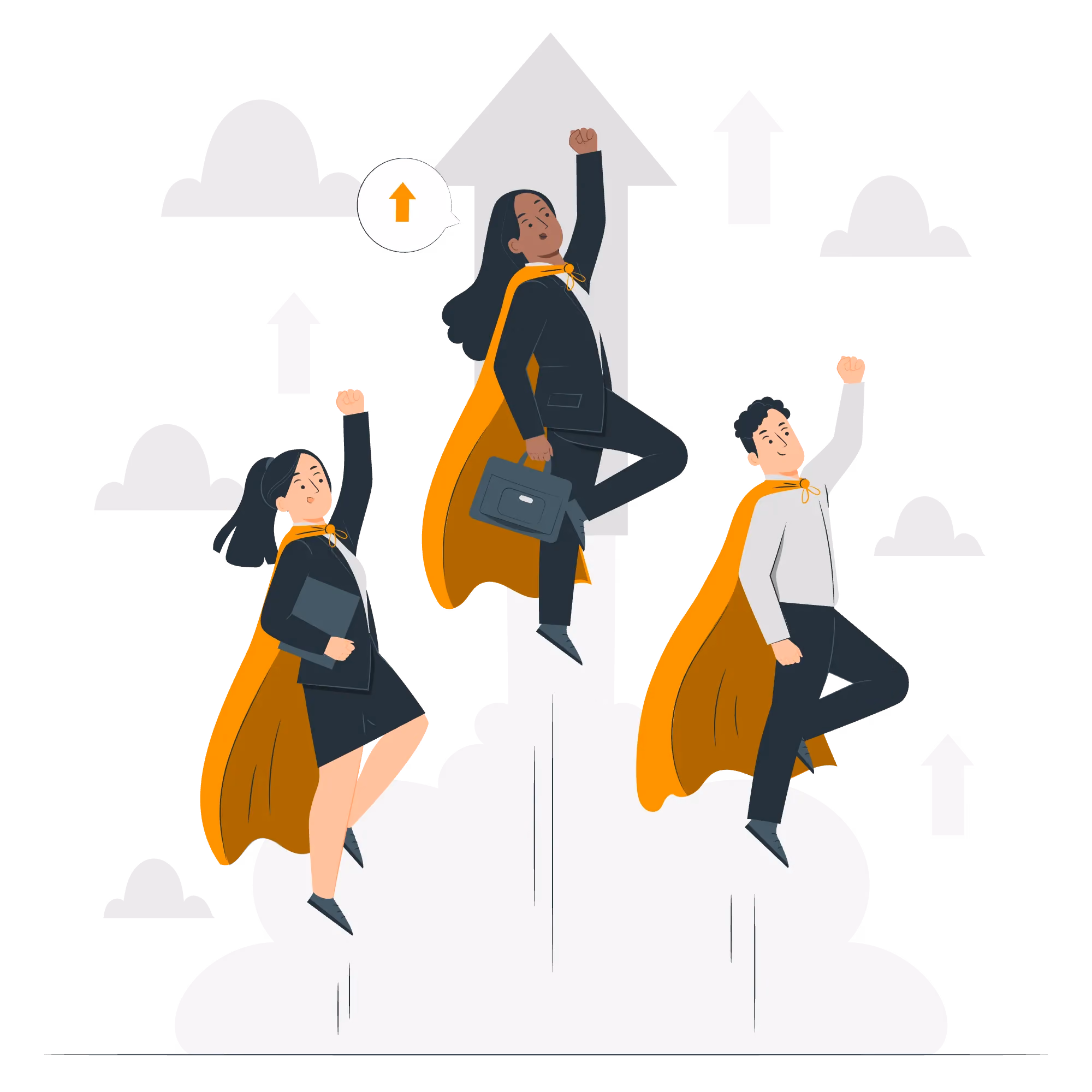 Three business people wearing orange capes rising upward with fists raised, symbolizing leadership and success.