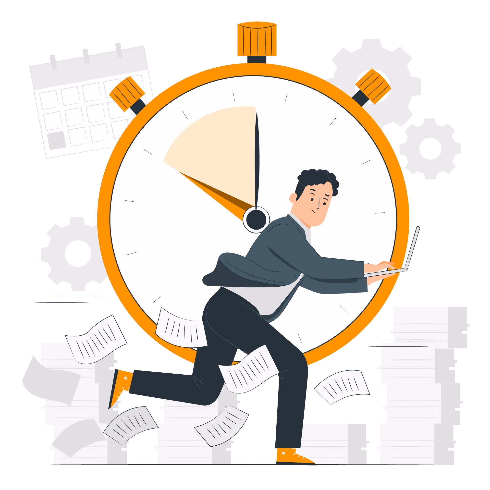 Man in business suit running with laptop surrounded by flying papers, large stopwatch, calendar, and gears symbolizing deadline pressure.