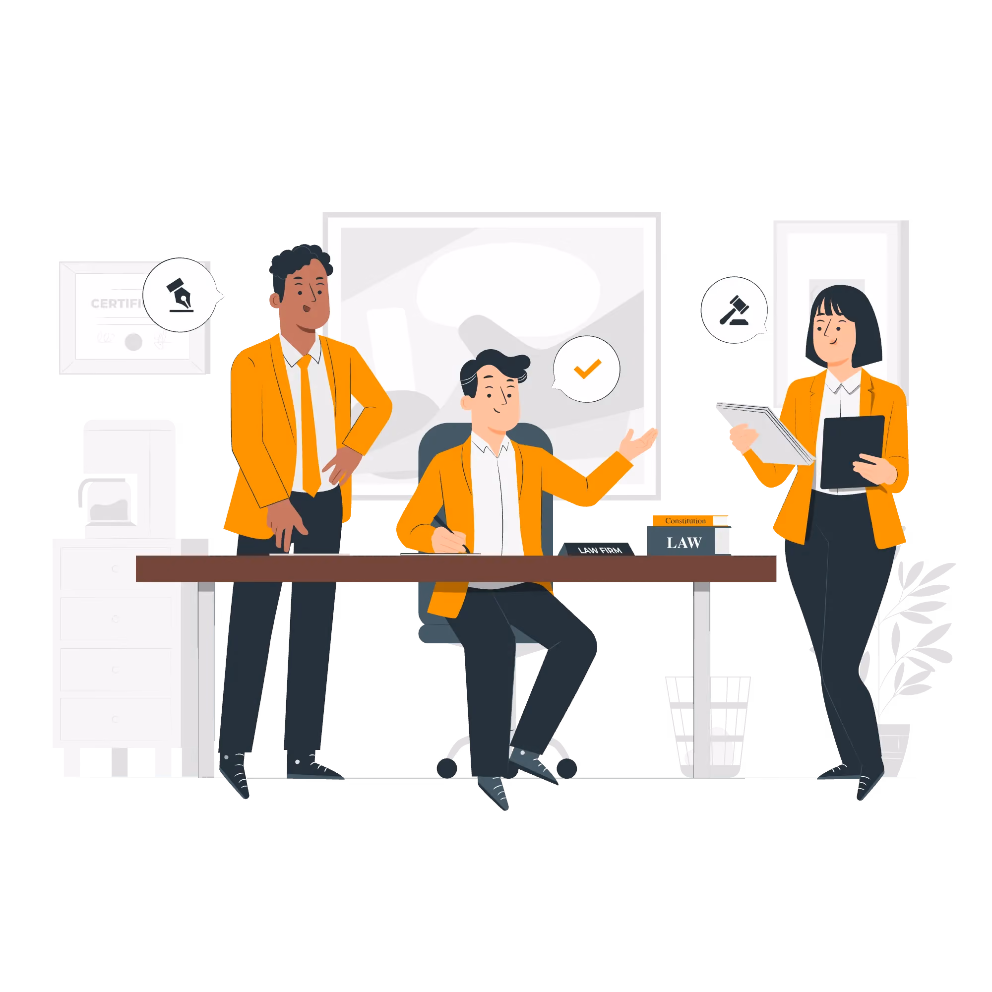 Three professionals in orange blazers in a law office, one seated at a desk with law books, the other two standing and holding documents.