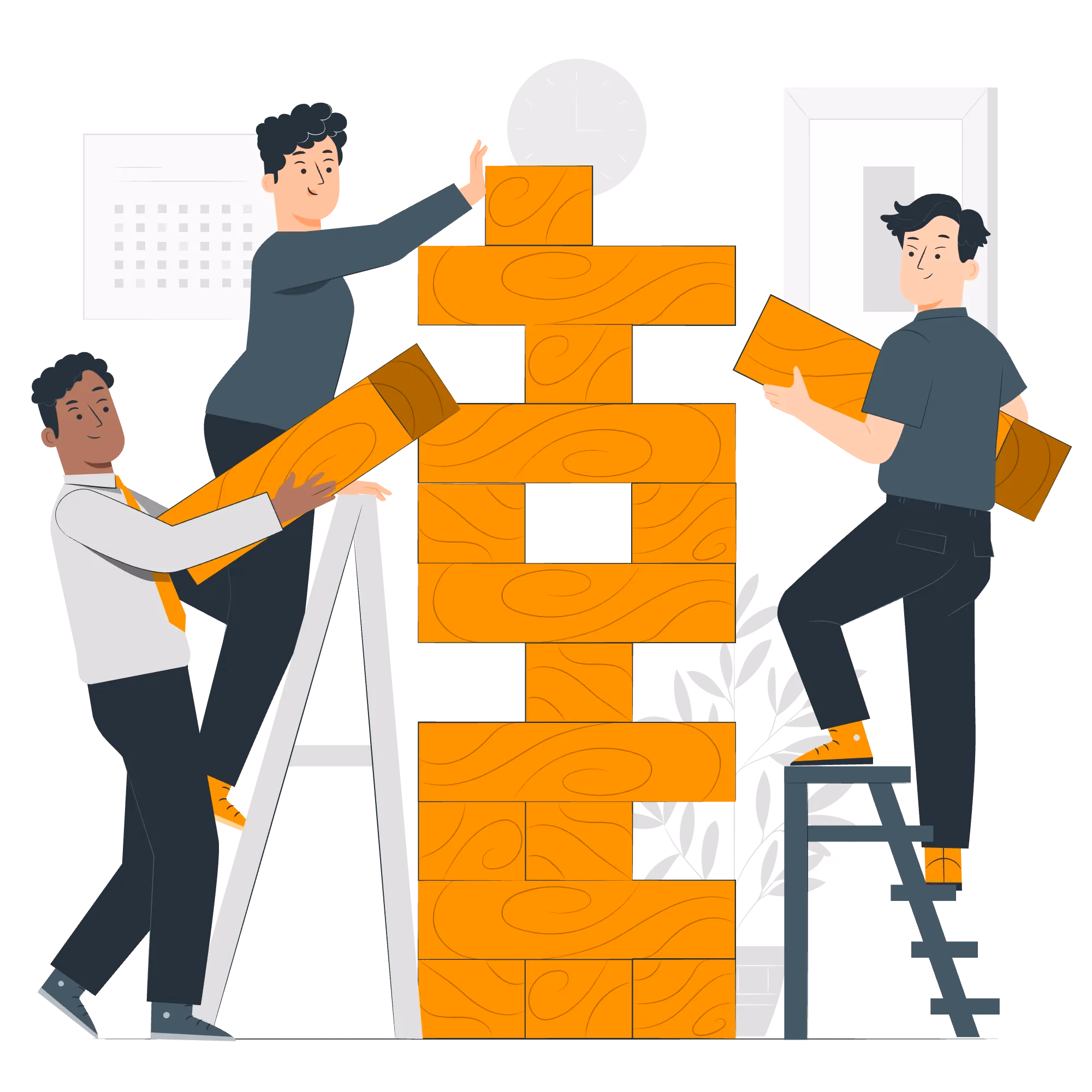 Three men collaboratively building a tall structure with large wooden blocks indoors.