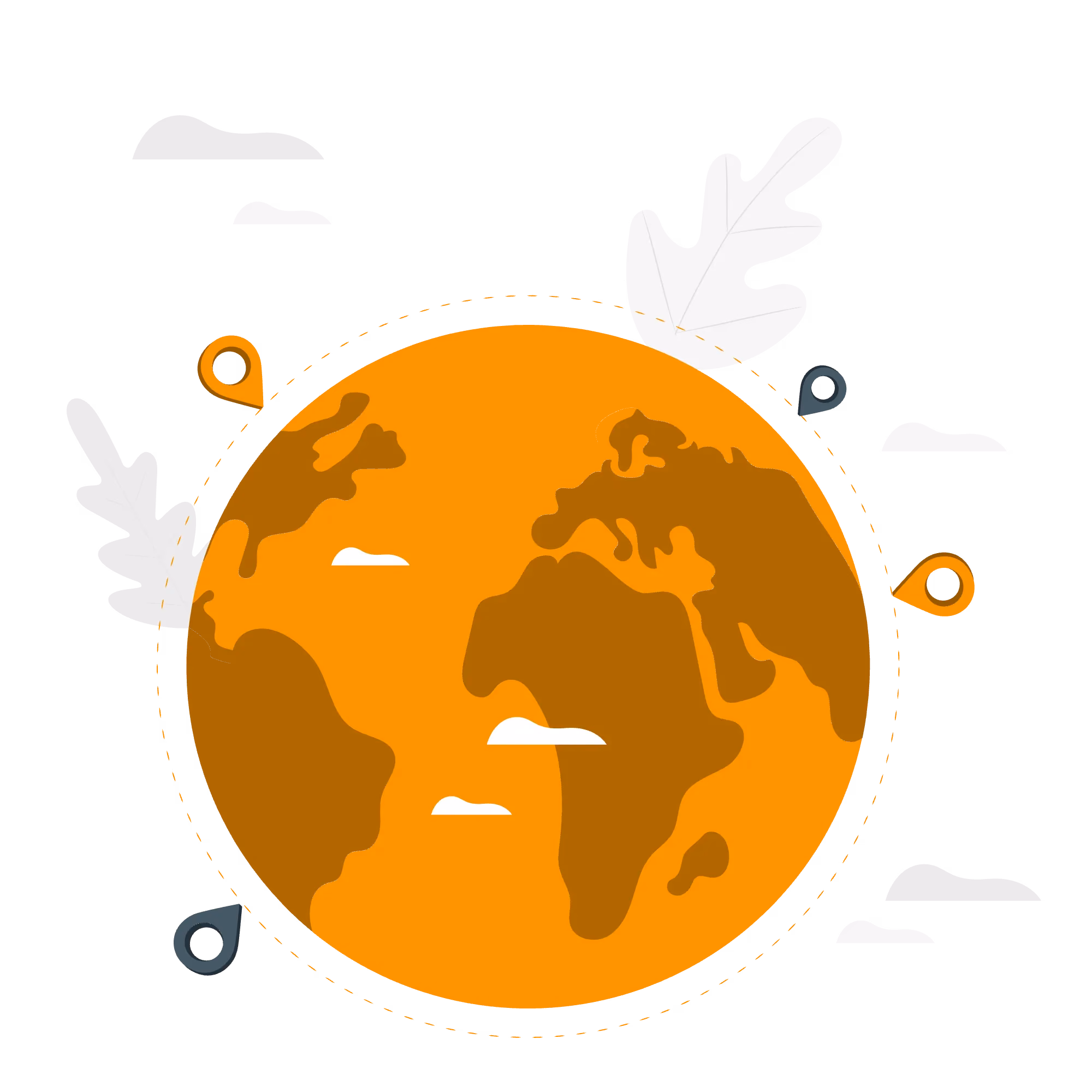 Stylized orange and brown globe showing Africa, Europe, and part of the Americas with location pins around it and decorative white leaves and clouds.