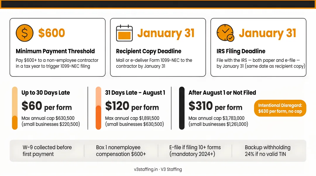 1099-NEC contractor filing thresholds deadlines and IRS penalty breakdown infographic