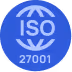 Blue circular icon with a globe design and text 'ISO 27001' indicating information security standard.