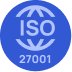 Blue circular icon with a globe design and text 'ISO 27001' indicating information security standard.