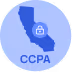 Blue circular icon with a silhouette of California state, a padlock symbol, and the text 'CCPA'.