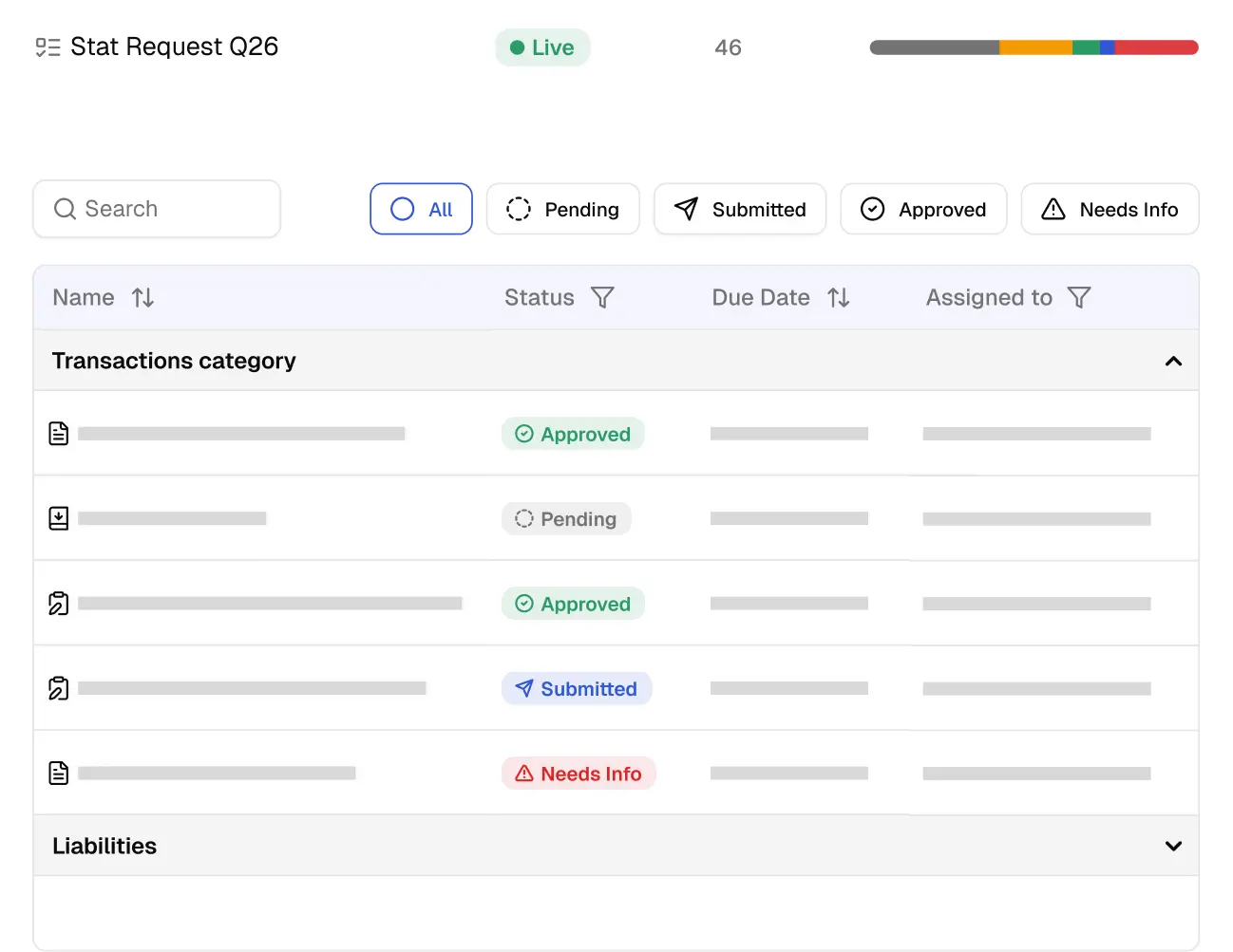 Dashboard titled Stat Request Q26 showing status filters and a table with transactions categorized by status including Approved, Pending, Submitted, and Needs Info.
