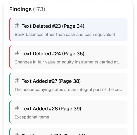 List of findings showing text deletions on pages 34 and 35 and text additions on pages 38 and 39 with brief descriptions.