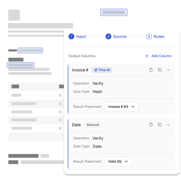 User interface displaying a three-step process with tabs labeled Input, Source, and Rules; showing output columns settings for Invoice # with Verify operation and Hash data type, and Date with Verify operation and Date data type, each having result placement options.
