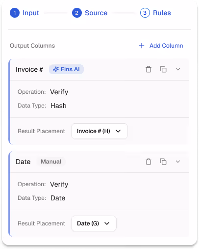 User interface displaying a three-step process with tabs labeled Input, Source, and Rules; showing output columns settings for Invoice # with Verify operation and Hash data type, and Date with Verify operation and Date data type, each having result placement options.