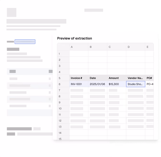 Table showing a preview of invoice extraction with columns for Invoice #, Date, Amount, Vendor Name, and PO#. Example entries include INV-1001 dated 2025/01/06 for $15,300 from Studio Shop.