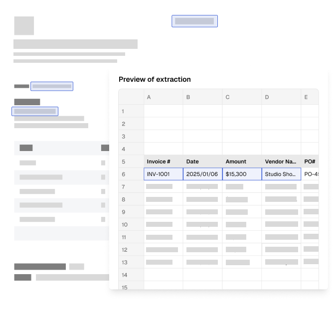 Table showing a preview of invoice extraction with columns for Invoice #, Date, Amount, Vendor Name, and PO#. Example entries include INV-1001 dated 2025/01/06 for $15,300 from Studio Shop.