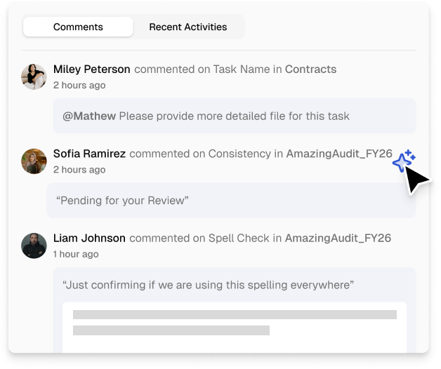 Comments tab showing three user comments with profile pictures on tasks: Miley Peterson requests a detailed file, Sofia Ramirez notes a review is pending, and Liam Johnson confirms spelling usage.