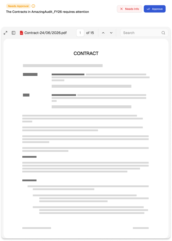 PDF viewer displaying a 15-page contract document titled 'CONTRACT' with multiple sections of text and headings, and interface controls for navigation, search, and approval status notifications above.