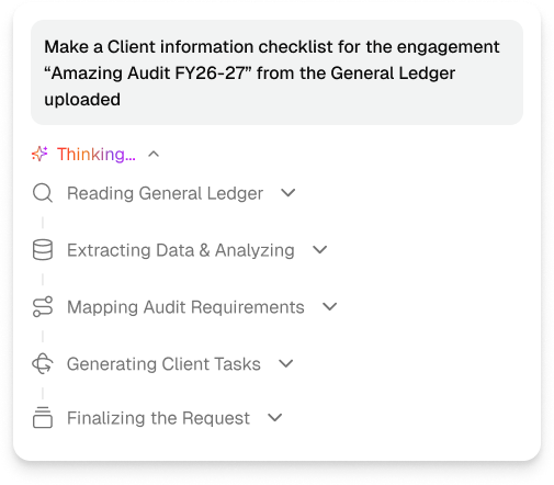 User interface showing a task checklist with steps: Reading General Ledger, Extracting Data & Analyzing, Mapping Audit Requirements, Generating Client Tasks, Finalizing the Request, and a blue Generate button.