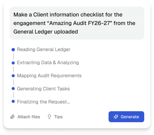 User interface showing a task checklist with steps: Reading General Ledger, Extracting Data & Analyzing, Mapping Audit Requirements, Generating Client Tasks, Finalizing the Request, and a blue Generate button.