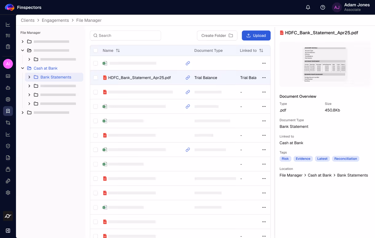 File manager interface showing folder structure and a list of documents including a PDF bank statement named HDFC_Bank_Statement_Apr25.pdf with details and tags on the right panel.
