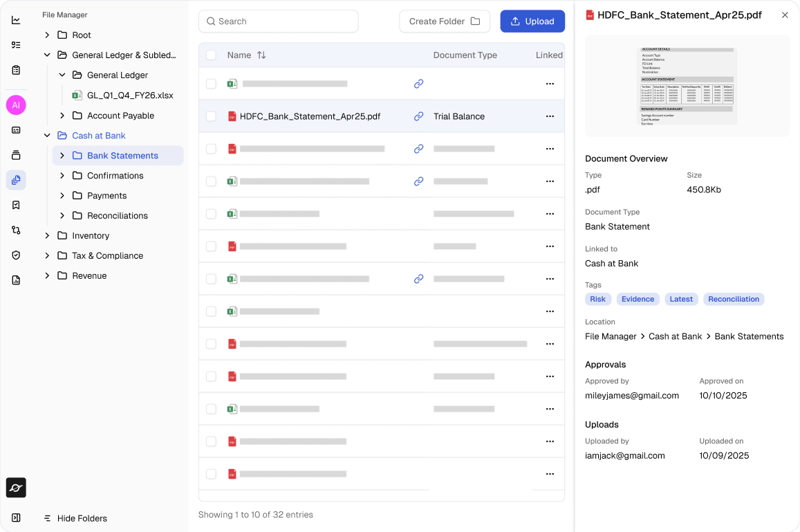 File manager interface showing folder structure and a list of documents including a PDF bank statement named HDFC_Bank_Statement_Apr25.pdf with details and tags on the right panel.