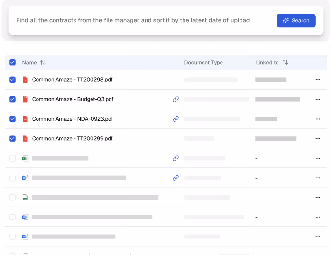 User interface of a file manager showing a search bar with the instruction to find contracts and sort by latest upload date, and a table listing files with columns for Name, Document Type, and Linked to.