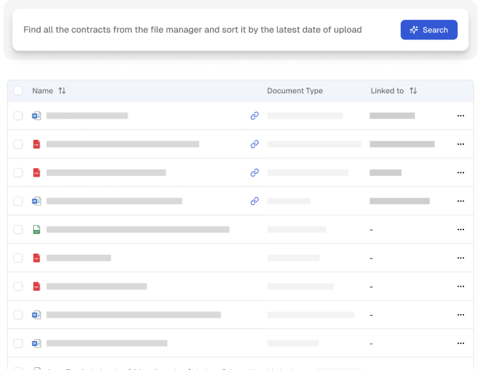 User interface of a file manager showing a search bar with the instruction to find contracts and sort by latest upload date, and a table listing files with columns for Name, Document Type, and Linked to.