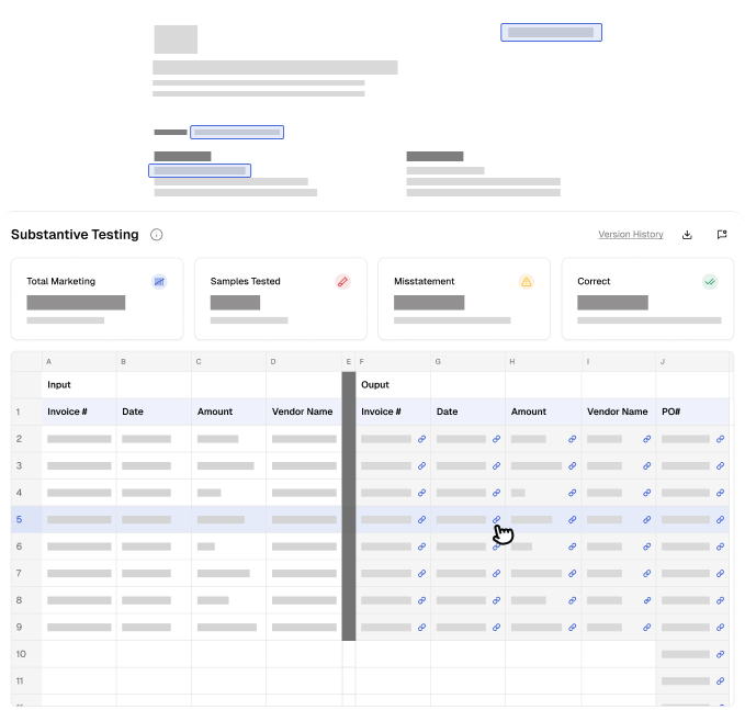 Dashboard displaying a Substantive Testing report with summary cards for Total Marketing, Samples Tested, Misstatement, and Correct; below is a table comparing Input and Output data for invoices including Invoice #, Date, Amount, Vendor Name, and PO# with a cursor pointing at one output cell.