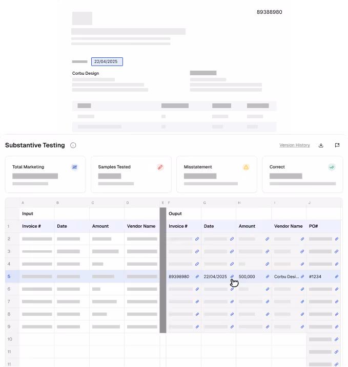 Dashboard displaying a Substantive Testing report with summary cards for Total Marketing, Samples Tested, Misstatement, and Correct; below is a table comparing Input and Output data for invoices including Invoice #, Date, Amount, Vendor Name, and PO# with a cursor pointing at one output cell.