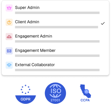 User roles list with icons including Super Admin, Client Admin (selected), Engagement Admin, Engagement Member, and External Collaborator, below are security certification icons for AICPA SOC, ISO 27001, and GDPR.