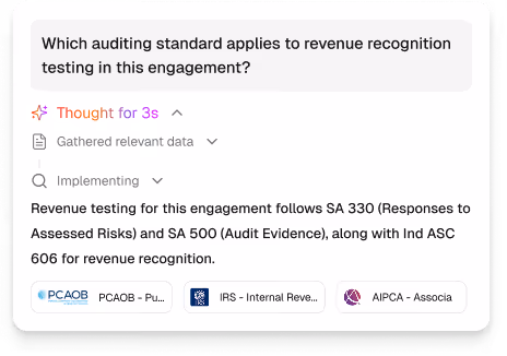 Chat interface showing a question about auditing standards for revenue recognition testing and an AI response citing SA 330, SA 500, and Ind ASC 606 with related resource icons.