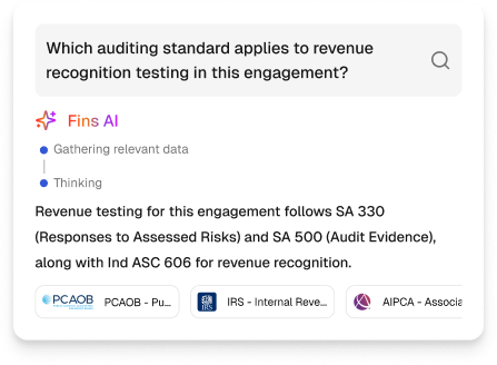 Chat interface showing a question about auditing standards for revenue recognition testing and an AI response citing SA 330, SA 500, and Ind ASC 606 with related resource icons.