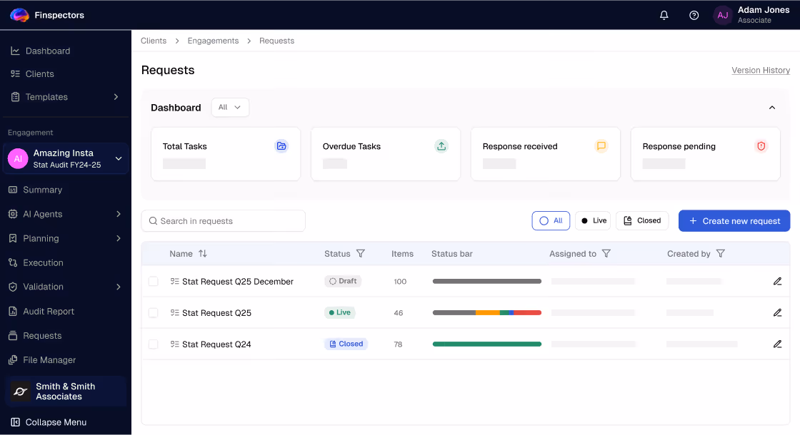 Dashboard interface of Finspetors.ai showing request statuses with total tasks, overdue tasks, response received, and response pending metrics. The table lists three statistical requests with statuses Draft, Live, and Closed, each with associated item counts and status bars, plus assignment and creation details.