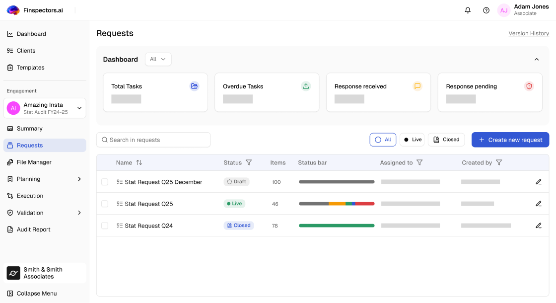 Dashboard interface of Finspetors.ai showing request statuses with total tasks, overdue tasks, response received, and response pending metrics. The table lists three statistical requests with statuses Draft, Live, and Closed, each with associated item counts and status bars, plus assignment and creation details.