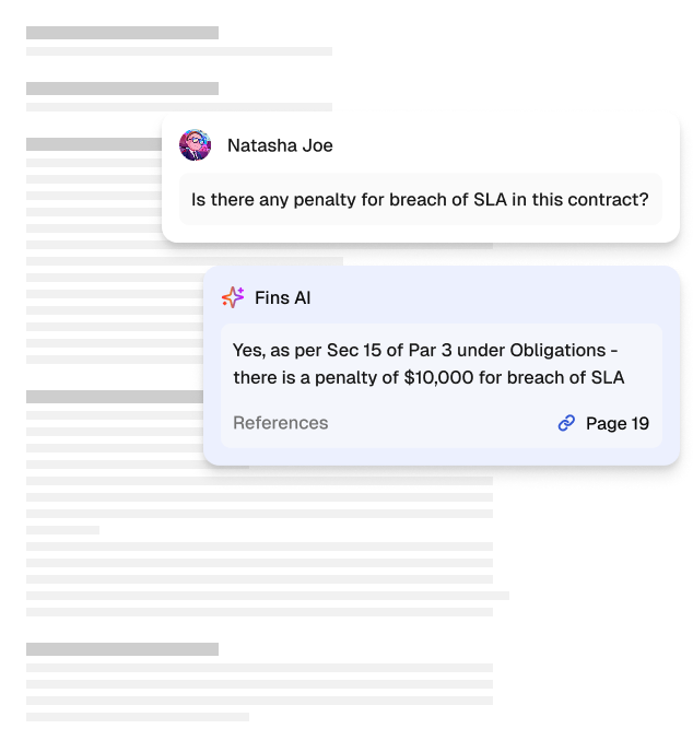 Chat conversation showing Natasha Joe asking about penalties for SLA breach in a contract, with Fins AI replying penalty is $10,000 per Section 15 of Paragraph 3 under Obligations on Page 19.