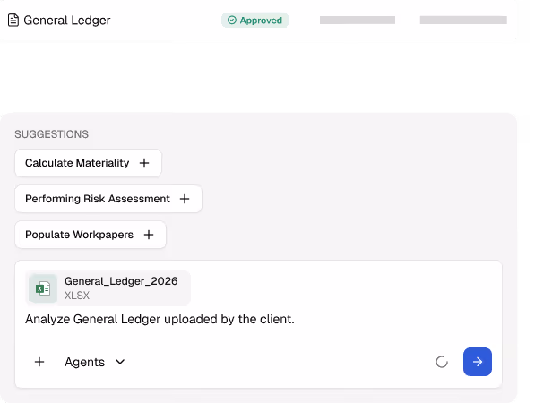 Dashboard panel titled 'Received General Ledger from the Client' with an Excel file named general-ledger_Q26 and buttons labeled Calculate Materiality, Performing Risk Assessment, Scope Relevant FSLI, and Populate Workpapers.